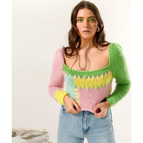 2021 Women Fashion Knit Crop Soft Sweaters Tops Adults Autumn Color Block Long Sleeve Square Collar Pullovers