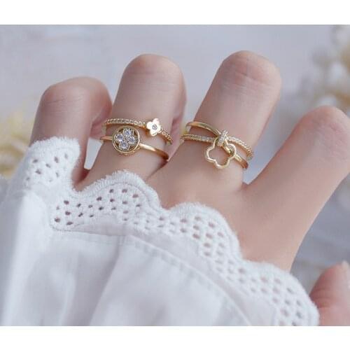 Delicate Jewelry 14K Gold Plated Pierced Flower Adjustable Crystal Rings for Women Luxury Cubic Zircon Engagement Rings