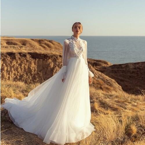 2021 New Arrivals High Neck Long Flare Sleeve Lace Super Gorgeous A Line Wedding Dresses Customize Vestidos De Novia