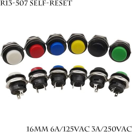 10pcs 16MM 6A/125VAC 3A/250VAC Round Switch R13-507 Self-reset Momentary Push Button Switch Red Black White Yellow Green Blue