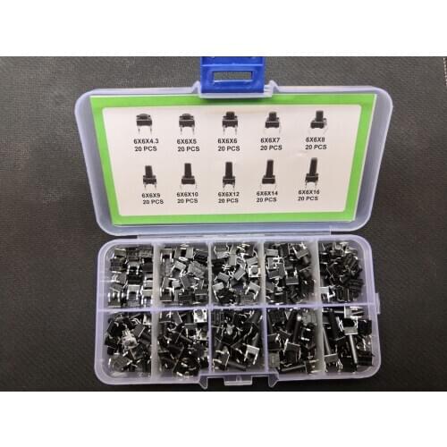 200pcs=10values*20pcs switch kit 6*6*16mm/14/12/10/9/8/7/6/5/4.3mm height micro Press button/touch Switch Box 6x6mm Assortment