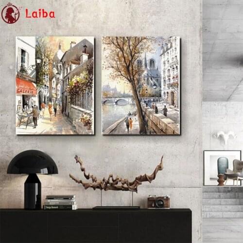 Diamond Painting Abstract art, urban architecture, crowd Full Drill Square DIY Diamond Embroidery Mosaic round Home Decor2PCS