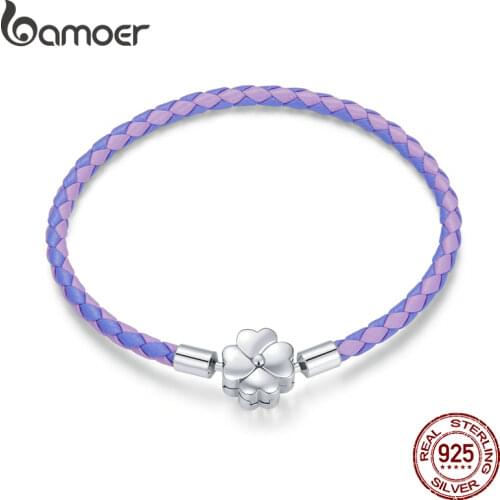 BAMOER 925 Sterling Silver Lucky Bracelet Purple Two Color Leather Bracelet Clover European for Women DIY Fine Jewelry SCB214