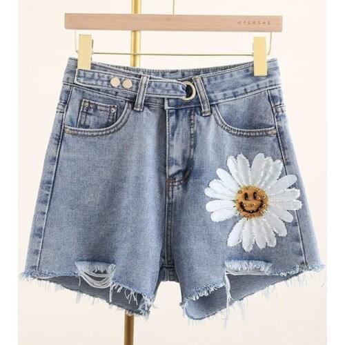 2020 Spring Summer sunflower Heavy Diamond Beads High Thin Waist Light Blue Denim Shorts