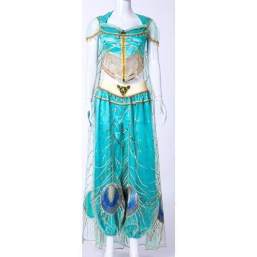 Movie Aladdin Jasmine Princess Embroidery Cosplay Costume Dresses Blue