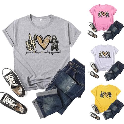 Peace Love Cocker Spaniel Letter Print Women T Shirt Short Sleeve O Neck Loose Women Tshirt Ladies Tee Shirt Camisetas Mujer