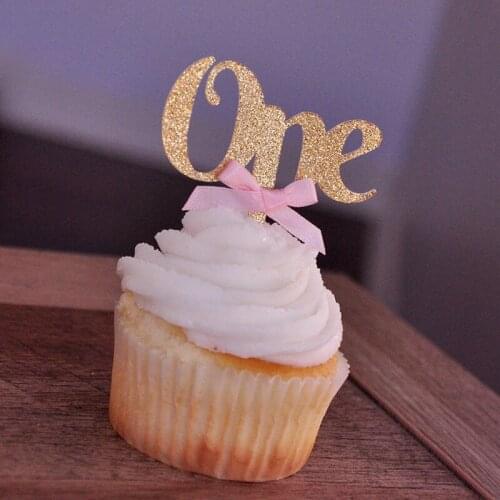 Personalize glitter one Cupcake Toppers with Baby Pink Bows Gold First Birthday Decorations baby shower food toothpicks