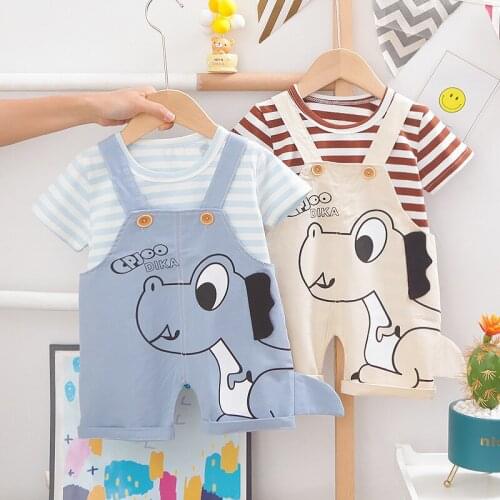 Baby clothes summer new cute cartoon dinosaur short-sleeve suit striped top suspender shorts 2 pcs baby boy and girl casual suit