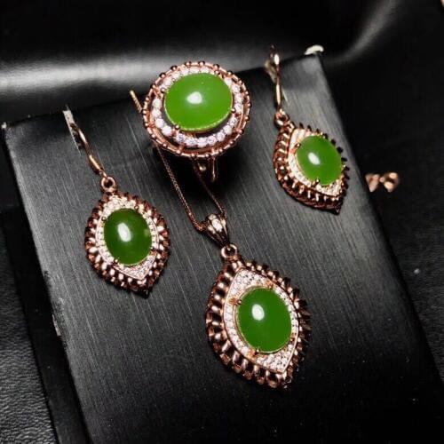 Natural Hetian jasper suit, ring stud earrings, large gems, 925 silver, bright colors, good quality