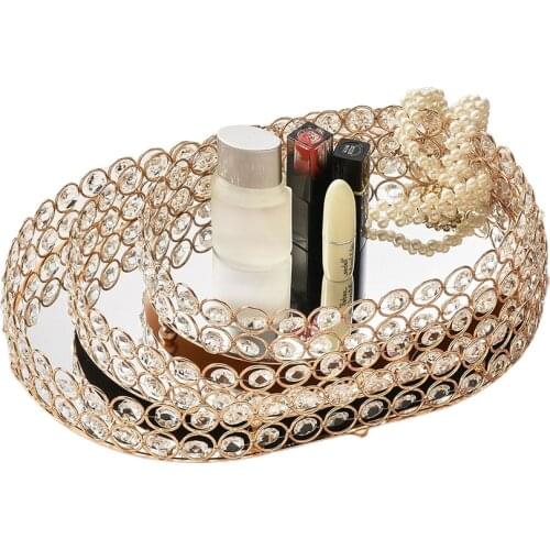 Golden Mirror Tray Crystal Cosmetic Perfume Jewelry Storage Tray Bathroom Make Up Organizer Nail Polish Lipstick Organizer