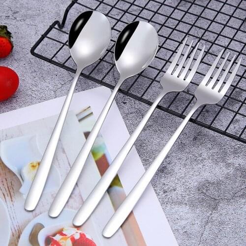 10 Pcs Korean Long Handle Stainless Steel Spoon Thickened Fork Household Spoon Mixing Spoon Restaurant Tableware