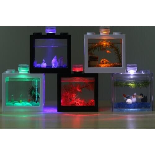 USB Mini Aquarium Fish Tank With LED Lamp Light Betta Fish Fighting Cylinder Creative Multicolor Stackable Building