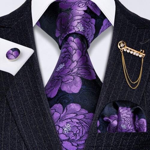 Fashion Gold Brooch Purple Floral Silk Tie Handkerchief Cufflinks Cravat Ties For Men Wedding Business Party Barry.Wang GS-5216