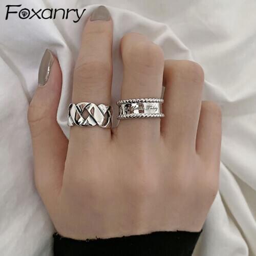 Foxanry INS Fashion 925 Sterling Silver Party Rings for Women Vintage Weaving Geometric Handmade Punk Hiphop Party Jewelry Gifts