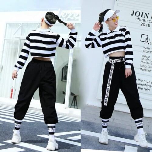 New Modern Ballroom Dance Clothes Hip-Hop Dance Clothing Jazz Costume Women Cropped Striped Top Black Pants Streetwear XS1750