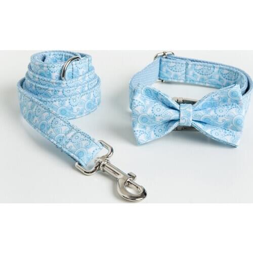 Personalized ID Dog Collar and Leash Set Paisley Pattern Pet Collar with Bow Tie Adjustable Free Engraved Dog Collar Leash Set
