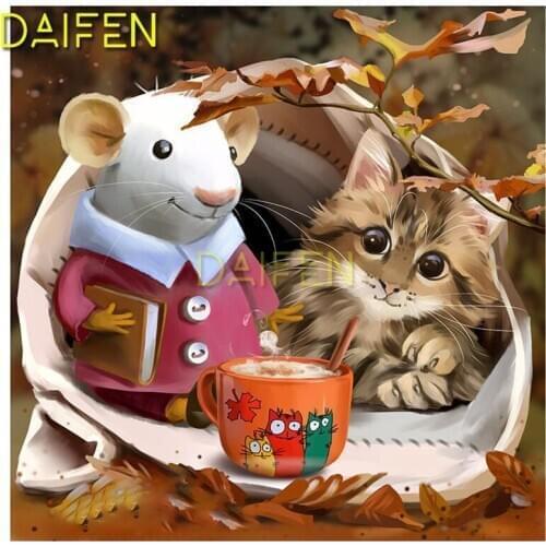 Full Square Diamond embroidery Cross stitch mouse and cat 5D DIY Diamond painting Leaves Full Round Diamond mosaic mouse and cat