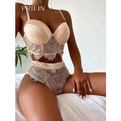 PRILIN Women Sexy Lingerie Set Lace Transparent Long Underwire Bras See Through Bow Bandage Sex Panties Erotic Sensual Underwear