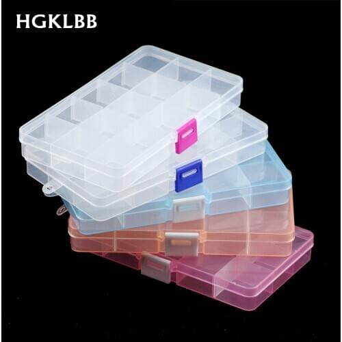 HGKLBB Adjustable 15 Slots Plastic Storage Box packaging transparent Tool Case Craft Jewelry box Organizer Beads accessories