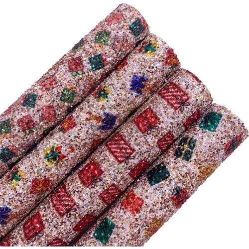 Christmas Gift Boxes Printed Glitter Leather Vinyl Fabric Sheet Felt Backing Leather Faux For Bows Earrings DIY A4 SIZE T579A
