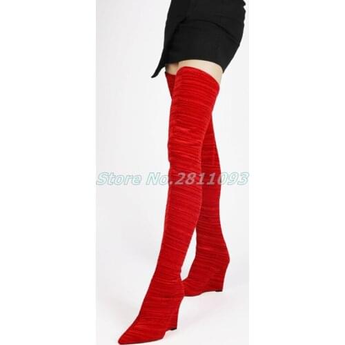Wedges Over Knee Spring Boots Sexy Pointed Toe Red Black Pleated Stretch Boots Thigh High Slip On Solid Fabric Skinny Boots