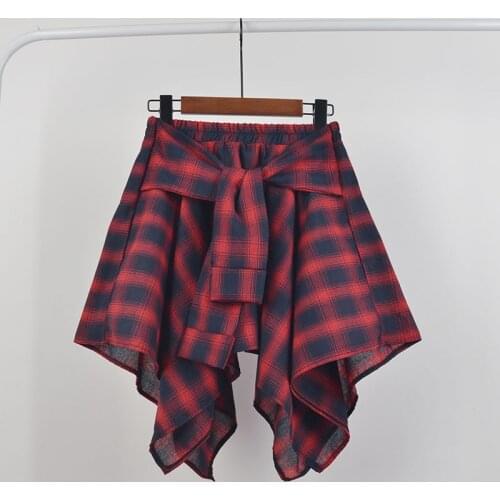 WKOUD Womens Plaid Printed Skirts Irregular Summer Shirts Skirts Elastic Waist College Style Mini Skirt Jupe Femme DK6054