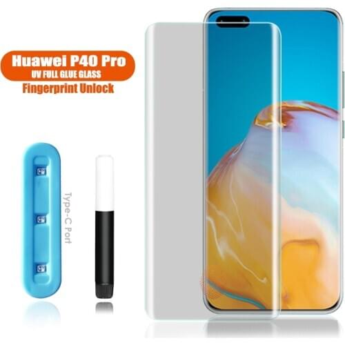 UV Liquid full glue tempered glass for Huawei P40 Pro + Screen Protector with fingerprint unlock glass film for huawei P40 Lite