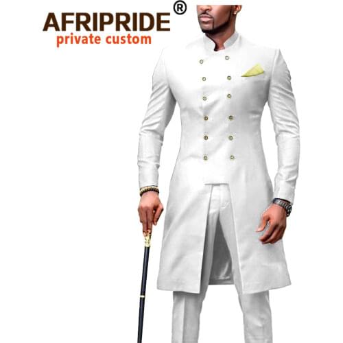 African Suit for Men Dashiki Long Jackets and Pants 2 Piece with Kerchief Double Breasted Slim Fit Formal Outfits Coats A2016054