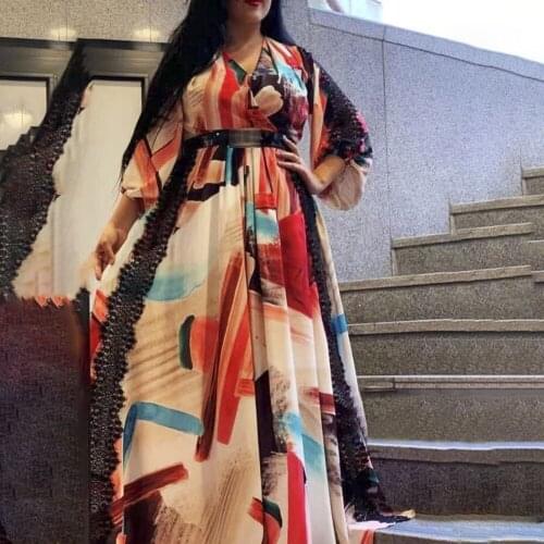 2021 Summer Printing Lace Splicing Dress African Xxl Plus Women Long Maxi Dresses Robe High Waist V-neck Elegant Maxi Dresses