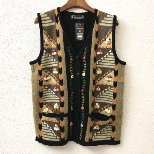 Ethnic Personality Embroidery Vest Wool Sweater Women V Neck Vintage Cardigans Womens Sleeveless Jacket Loose Waistcoats 2021