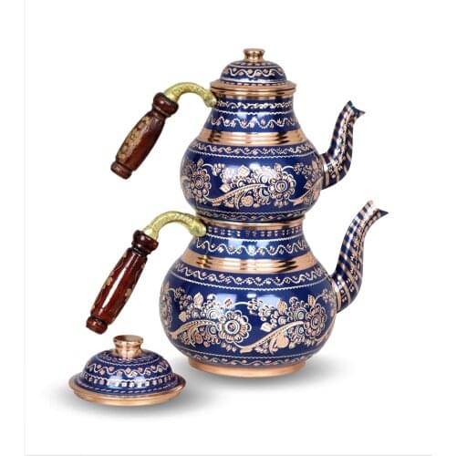 Bakır Çaydanlık %100 El Yapımı -Lacivert Renk Seramik 2,5 LT