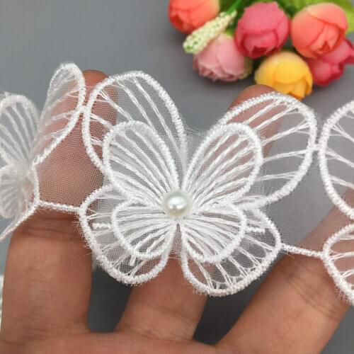 10X White Pearl Beaded 3D Butterfly Lace Edge Trim Ribbon Fabric Embroidered DIY Sewing Craft Wedding Dress Clothes 5X4 CM