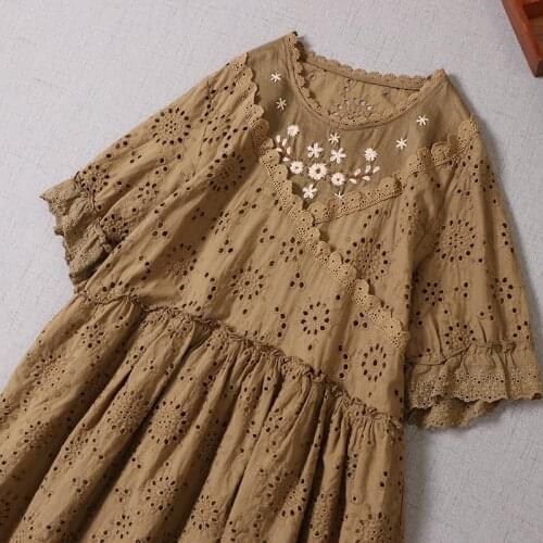 3 Colors-- Lamtrip Unique Circle Floral Hollow Embroidery Hook O-Neck Lace Edged Lantern Sleeve Cotton Dress Retro 2021 Summer