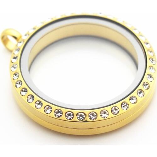 30mm Golden Stainless Steel Crystal Twist Floating Locket Necklace Round Golden Sparkles Screw Open Glass Memory Locket