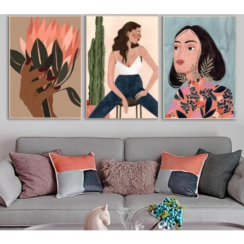 Abstract Girl Plant Flower Vintage Nordic Posters And Prints Wall Art Animal Canvas Painting Wall Pictures For Living Room Decor