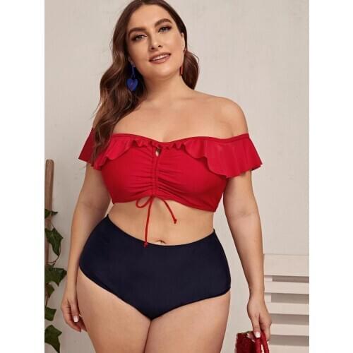 Plus Size Bikinis 2021 Women Push Up Off Shoulder Bikini Set Padded Bra Swimwear Retro Ruffle High Waist Swimsuit Bathing Suit
