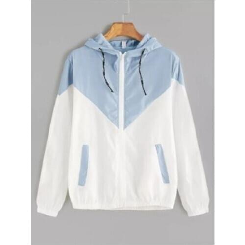 Spring Autumn Hooded Two Tone Windbreaker Jacket Zipper Pockets Casual Long Sleeves Coats Outwear