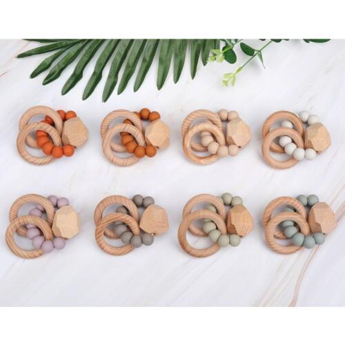 Wooden Rattle Beech Hand Teething Ring Baby Teether Play Gym Montessori Toy