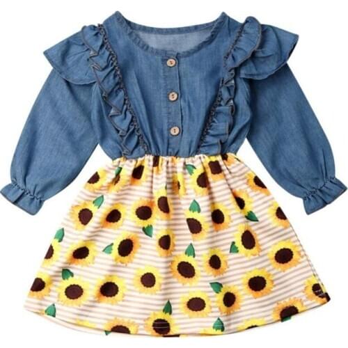 Girl Dress 2019 Child Kids Baby Girl Princess Denim sunflower Patchwork Casual Party Dress Sundress Outfit