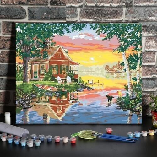 House Boat River Tree Dog DIY Oil Painting By Number Kit Picture Wall Room Decor Painting Art Sets