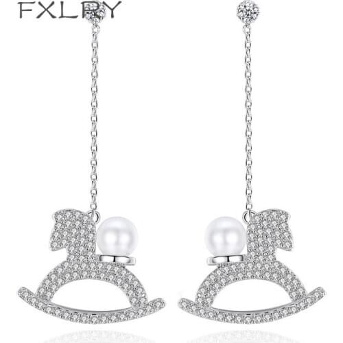 FXLRY New Design Fashion Jewelry White Color Cubic Zircon Animal Shape Long Section Pearl Earrings For Girl To Gift