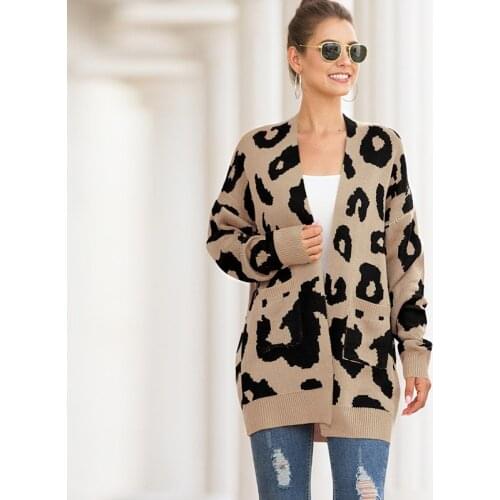 Unique Nature Womens Leopard Cardigan Sweater Open Front Warm Long Sleeve Loose Knit Coat with Mid-Length Double Pockets Female