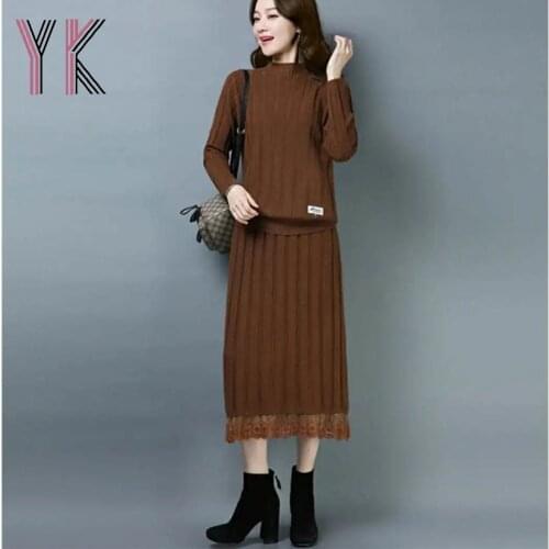 2 Piece Suit Half High Collar Pullover Sweater+Knitted Stripe Lace Stitching Midi Skirt Stretch Elegant Korean Aesthetic Mom Set