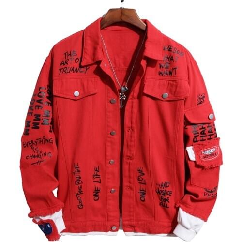 Mens Patchwork Letters Printed Red Denim Jacket Loose Rose Painyed Turn Down Collar Jean Coat Outerwear