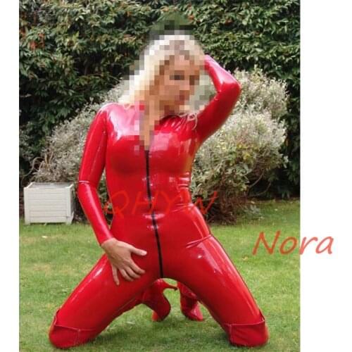 Latex Catsuit Red Rubber Bodysuit with Front Zipper Crotach Zipper Size XXS-XXL for Women