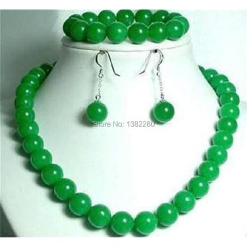 ! fashion DIY jewelry 10mm Green chalcedony chalcedony Round Beads Necklace 18" & Bracelet 7.5" & Earrings JT6591