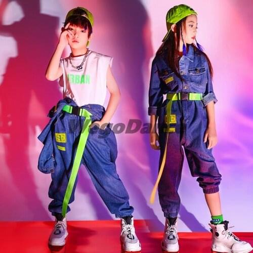 Fashion Jean Girl Jumpsuit Long Sleeve Show Waist Overalls Trousers Boy Casual Loose Jazz Costume
