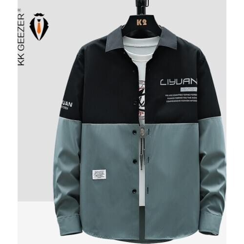 Men Shirt Patchwork Long Sleeve Casual Shirts Pocket Autumn Slim Fit Male Streetwear Tuxedo Shirt Plus Size M-4XL Dropshipping