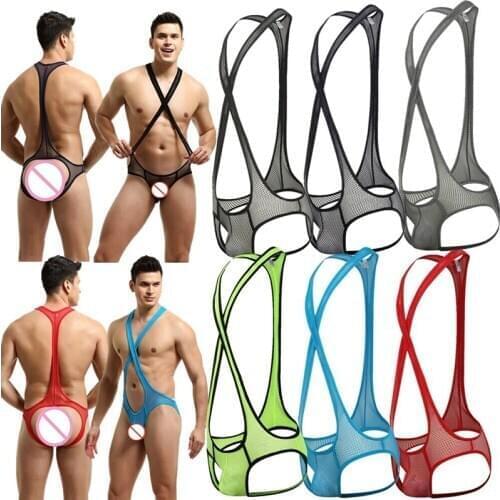 Mens Sexy Mesh Bodysuit Jockstrap Bodywear Underwear Wrestling Singlet Leotard Jumpsuits Suspender Sexy Teddies Underwear