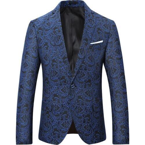 2019 New Autumn Winter Blue Jacquard Men Blazer One Button Slim Fit Casual Suit Jacket High Quality Fashion Men Blazer